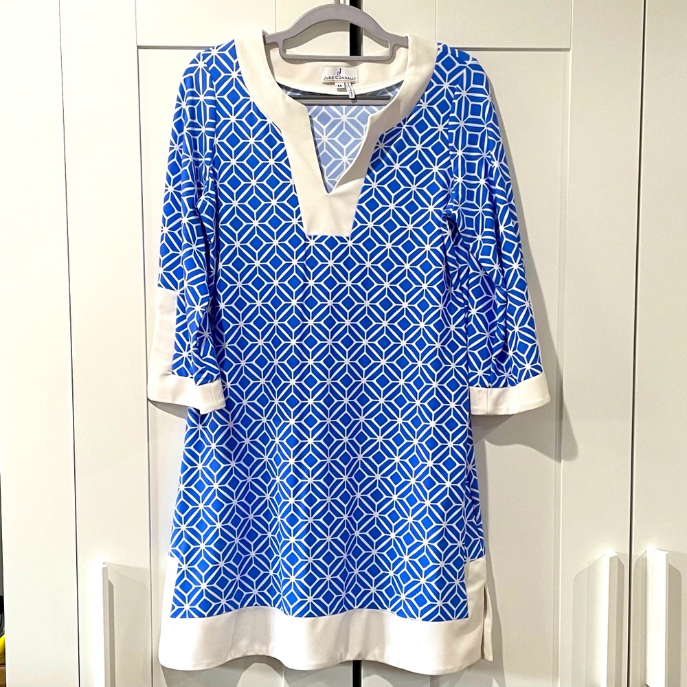 Jude Connally Holly Catalina Cloth Blue Mini Tunic Dress Med 3/4 Sleeve